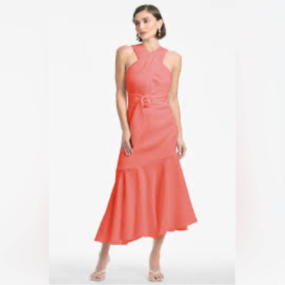 Sachin & Babi Naomi Dress Coral Crisscross Halter Midi Belted Dress Size 2   NWT